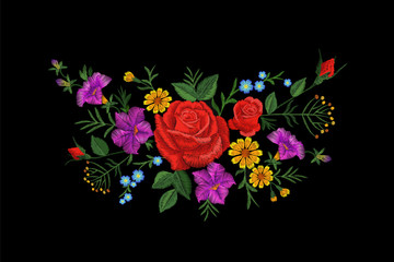Rose flower embroidery texture patch. Red field flower herb textile print neckline traditional decoration ornate vector illustration on black background