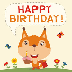 Happy birthday! Funny squirrel with birthday cake and gift. Birthday card with squirrel in cartoon style.