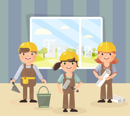Vector picture in the style of the flat. Repair and a team of repairmen in helmets, they are going to do repairs and construction in the apartment. Beige, yellow and green color.