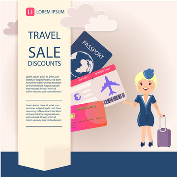 Pictures on the topic of travel by plane and the image of the stewardess, passport and tickets for the plane. For a banner or a poster.