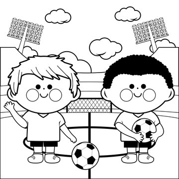 Children soccer players in a stadium. Vector black and white coloring page