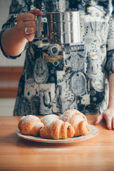 Pastries and desserts in the composition in rag background