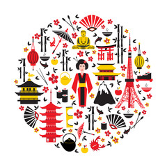 Japan symbols set in round shape with traditional food, travel icons vector illustration isolated, landmark Kinkaku JI temple, Itsukushima Shrine, Tokyo tower, Confucius temple, Mountain Fuji, sakura