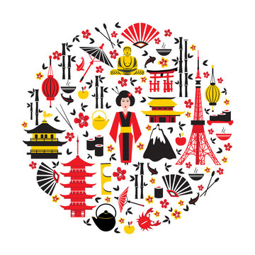 Japan Symbols Set In Round Shape With Traditional Food, Travel Icons Vector Illustration Isolated, Landmark Kinkaku JI Temple, Itsukushima Shrine, Tokyo Tower, Confucius Temple, Mountain Fuji, Sakura