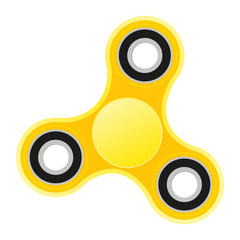 Yellow fidget spinner stress relieving toy on white background. Anti stress and relaxation fidgets, cube and spinner for exhausted people.