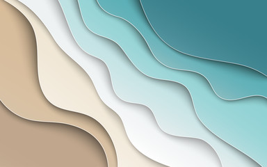 Abstract blue sea and beach summer background with curve paper waves and seacoast for banner, flyer, invitation, poster or web site design. Paper cut out art style, space for text, vector illustration - 161785822