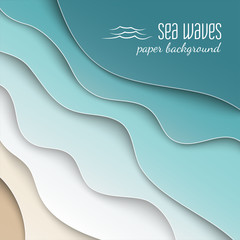 Abstract blue sea and beach summer background with curve paper wave and seacoast, cropped with clipping mask for banner, poster or web site design. Paper cut style, space for text, vector illustration