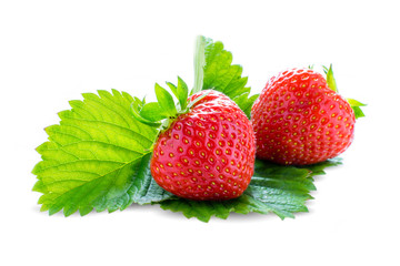 Strawberries with leaves. Isolated on a white background.