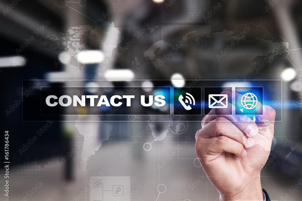 Poster contact us button and text on virtual screen. business and technology concept.