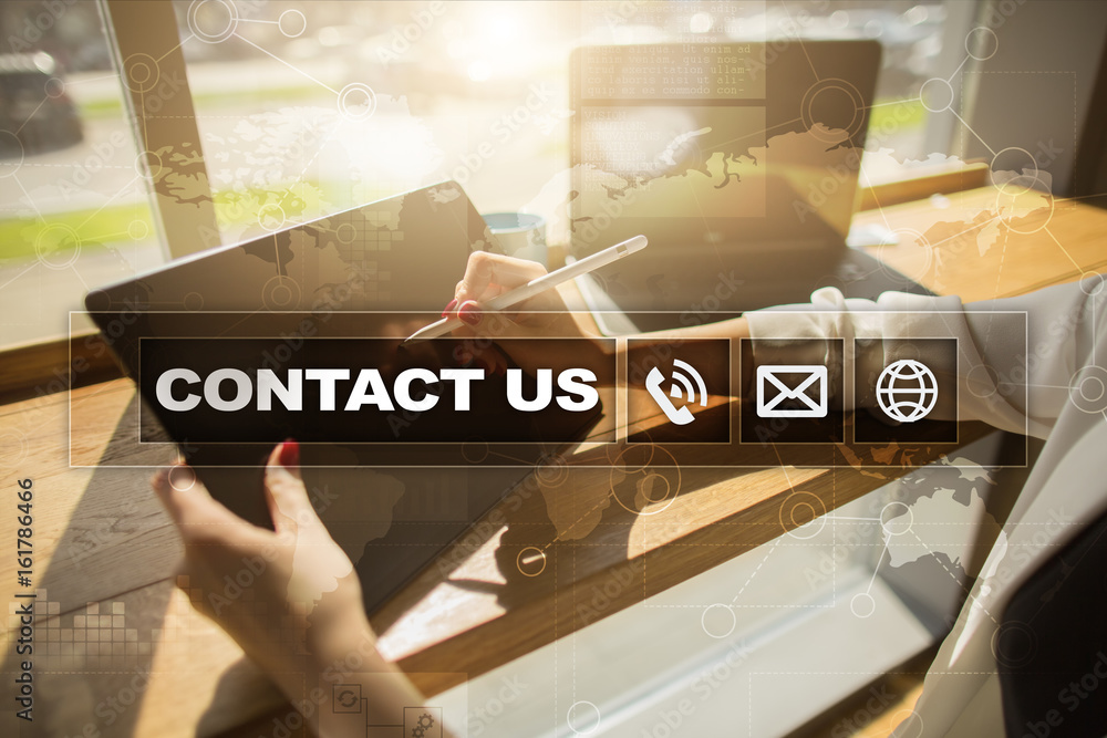 Poster contact us button and text on virtual screen. business and technology concept.