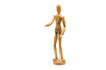 wooden man puppet stand on white background stretching a hand