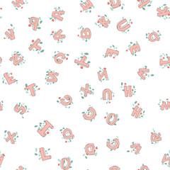 Vector seamless pattern of hand-drawn children's alphabet decorated with flowers. 3D doodle letters. ABC font background illustration for kids.
