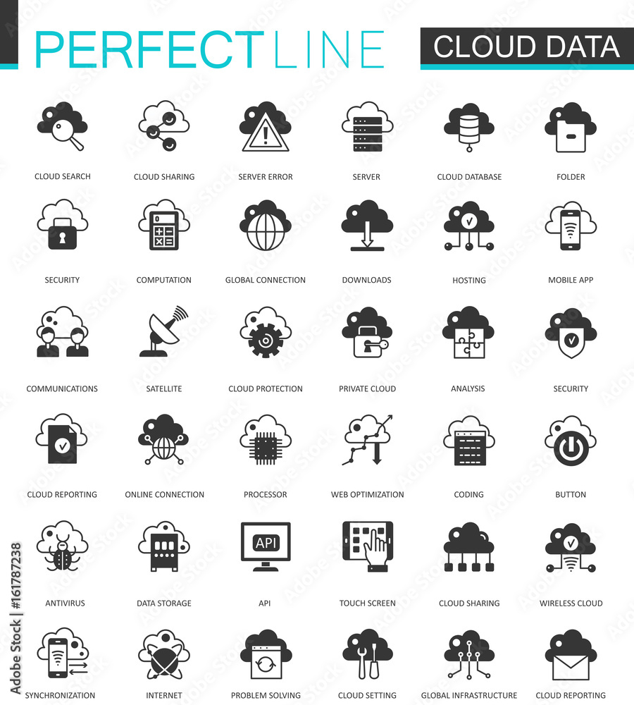 Poster black classic data cloud technology web icons set. global connection icon.