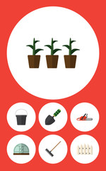 Flat Icon Garden Set Of Harrow, Flowerpot, Hacksaw And Other Vector Objects. Also Includes Rake, Spatula, Plant Elements.