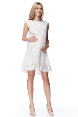 Beautiful elegant pregnant woman blond hair wear style fashion dress for mother hold in hand tummy wait for baby child new born pretty lady clothes for pregnancy white background collection heath.