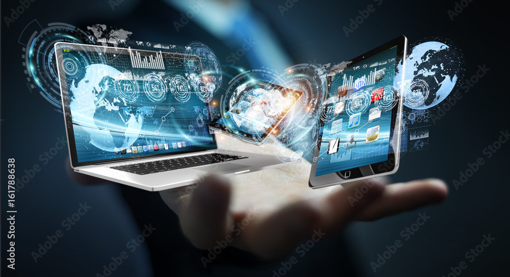 Aufkleber Businessman connecting tech devices to each other 3D rendering