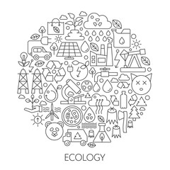 Fototapeta na wymiar Ecology technology icons in circle - concept line infographic vector illustration for cover, emblem, badge. Outline icon set.