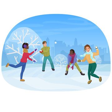 The group of friends playing the snowballs outside vector illustration.