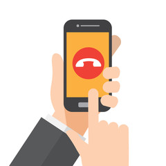 reject smartphone call , ignore ringing phone. hand holds smartphone. vector illustration.