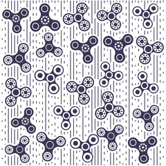 Vector illustration of pattern of different black fidget spinners. Creative concept of toy for stress relief annealing on white background.