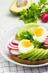 Healthy avocado sandwiches with eggs and radish.  Clean eating.