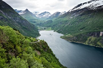 View of Geirangerfjord from Ornesvingen. The fjord is one of Norway's most visited tourist sites.
