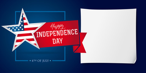 Happy Independence Day USA banner template. United States national holiday Fourth of July greetings, celebrating invitation with star in flag colors and clean piece of paper for writing. Vector image. - obrazy, fototapety, plakaty