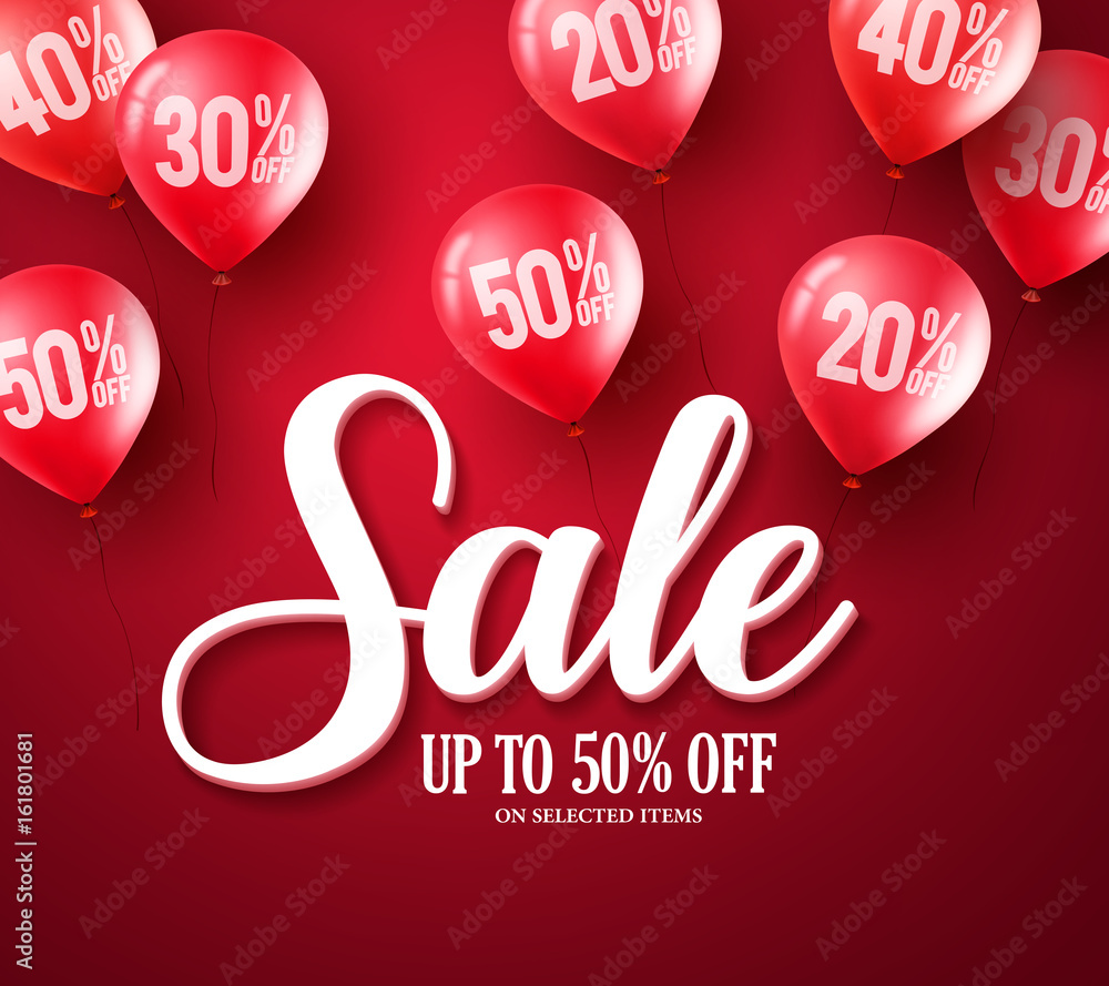 Poster sale typography text vector banner design with red balloons elements flying in red background for re