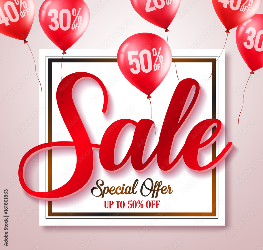 Poster sale text typography vector banner with percent written in red balloons element in a white backgroun