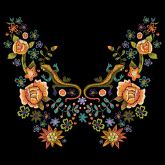 Embroidery folk neck line pattern with roses and lizards.