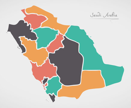 Saudi Arabia Map with states and modern round shapes