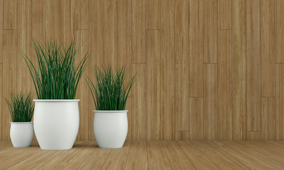 Wood wall interior with plant vases on bright floor. 3d render