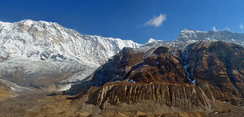 Panoramic Mountain Landscape in Himalaya. View from Annapurna Base Camp.