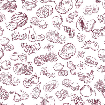 Vector seamless pattern of doodle fruits on white background