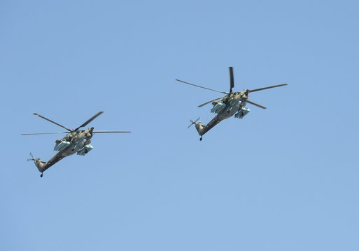Group attack helicopters Mi-28N "Night hunter" over red square during the General rehearsal of the Victory parade.