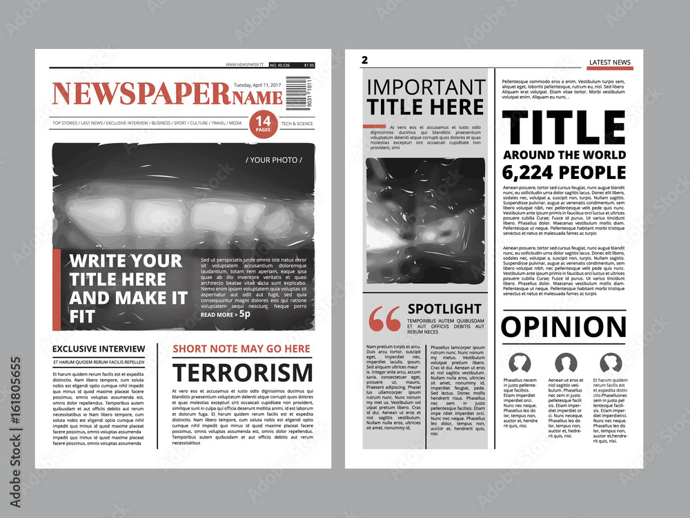 Aufkleber newspaper front page with several columns and photos. vector magazine cover. layout design project
