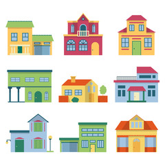 Colorful different houses with modern facade. Front view vector illustrations set