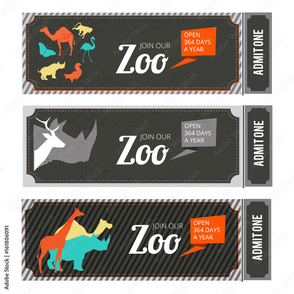 Poster design template of zoo tickets with different wild animals on it and place for your text