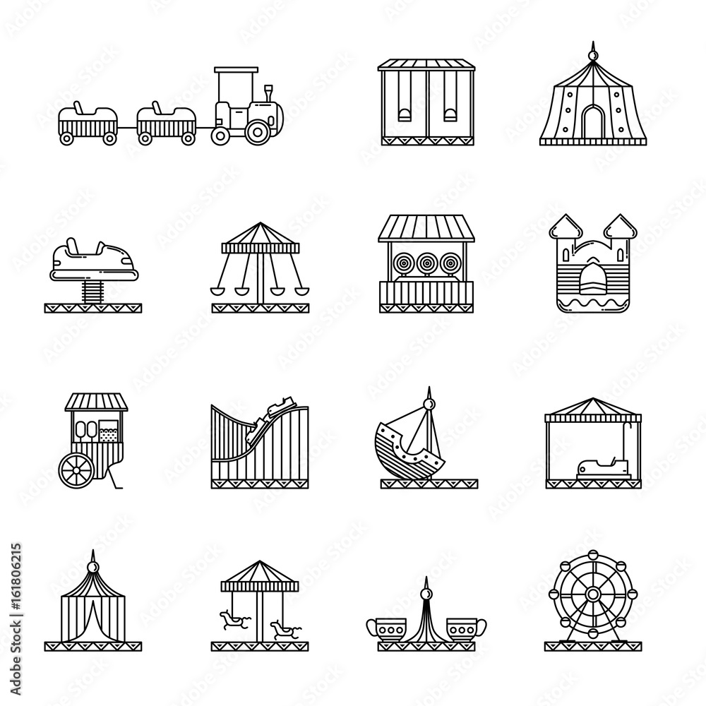 Poster amusement, circus and carousel linear vector icon set