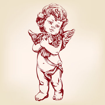 angel or cupid, little baby holds a bouquet of flowers, greeting card hand drawn vector illustration realistic sketch