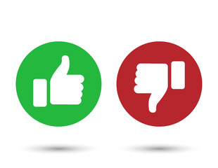 Illustration of red and green thumbs up and down buttons; isolated on white background.