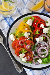 Vegetable mix salad with feta cheese on a black slate background.