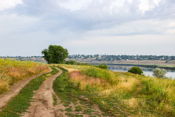 Fototapeta premium Old field road, blue sky and flowers meadow