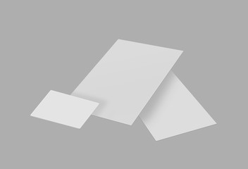 White blank visiting card, banner, poster, a4 brochure and pamphlet ready for your design presentation and mock up. 3d render illustration.