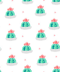 Seamless pattern with cacti in a flowerpots and pink triangles on white background. Ornament for textile and wrapping. Vector.