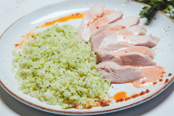 Pieces of chicken with rice.