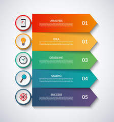 Infographic arrows with circular design elements. Vector layout template of 5 steps, options. Can be used for graph, chart, diagram, step by step infographics, web design.