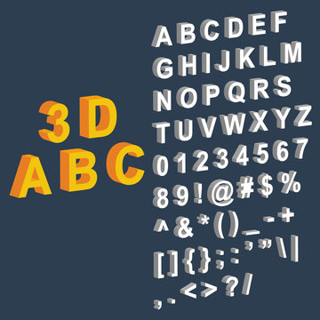 White isometric 3D ABC font on dark blue background