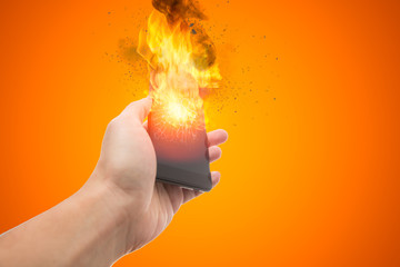 smartphone explosion, blow up cellphone battery or explosive mobile phone or explode burst fire...