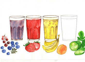 Fruit, berry smoothies in glass glasses, one empty glass and berries, fruit on a white background.